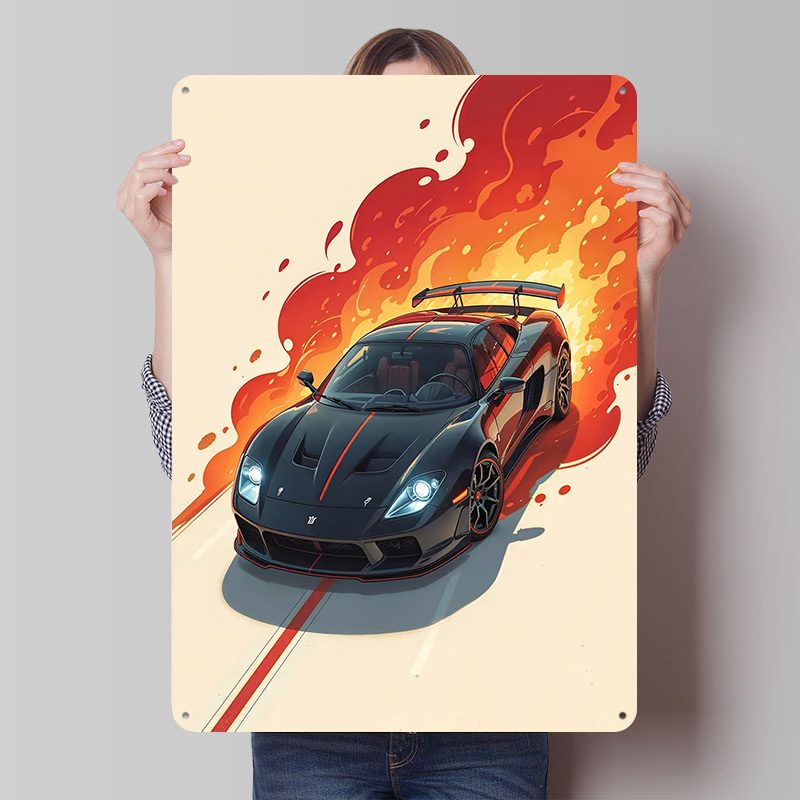 Retro Poster Gaming - Black Sports With Flames Car Metal
